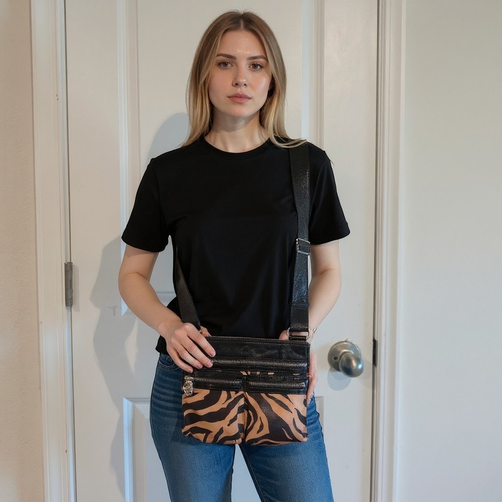 Brighton Zebra Print Crossbody Bag Black Tan Patent Trim E318211